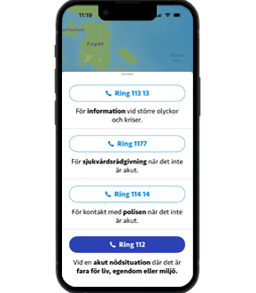 Mobiltelefon som visar hur det ser ut i 112-appen när man klickar på Ring hjälp