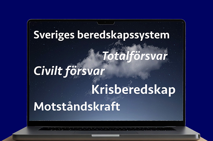 Datorskärm som visar orden Sveriges beredskapssystem, totalförsvar, civilt försvar, krisberedskap och motståndskraft