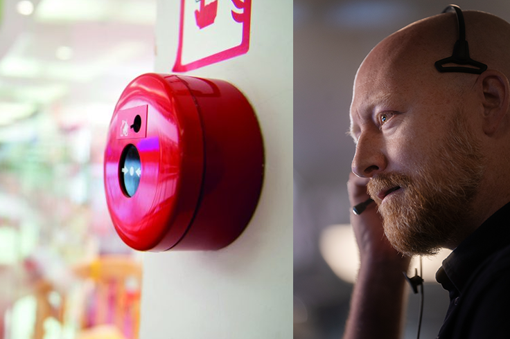 Man pratar i telefin om brandlarm